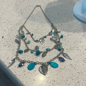 Silver and Blue Leaf Charm Necklace, turquoise, with Tiffany blue charms.